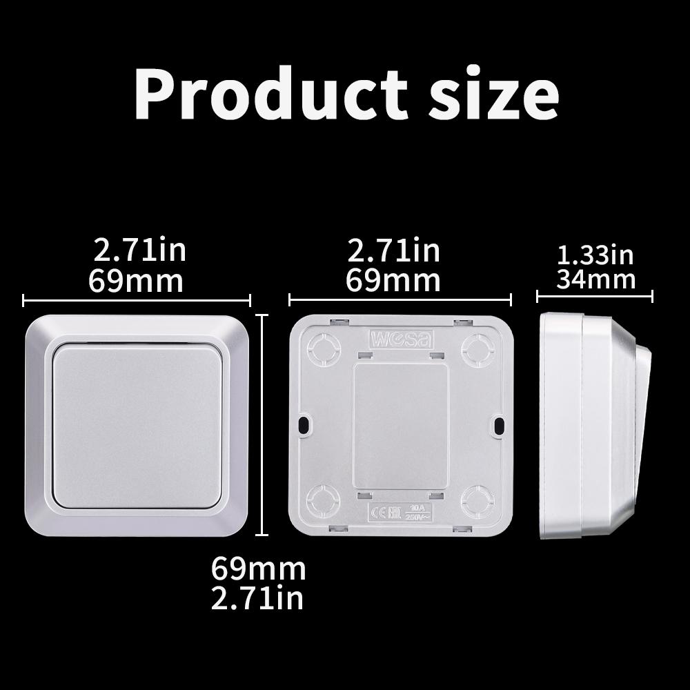 WESA Silvery Wall Surface Button Light Switch EU Spray Paint Plastic Outdoor 1 Gang 1 Way Wall Exterior Rocker On / Off Switch