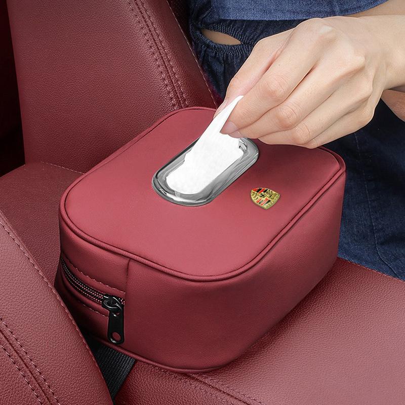 High quality Car Leather 3D Logo Tissue Bag Protector Cover Tissue box For Porsche Panamera Macan Boxster Cayman Cayenne 911 718 FU3