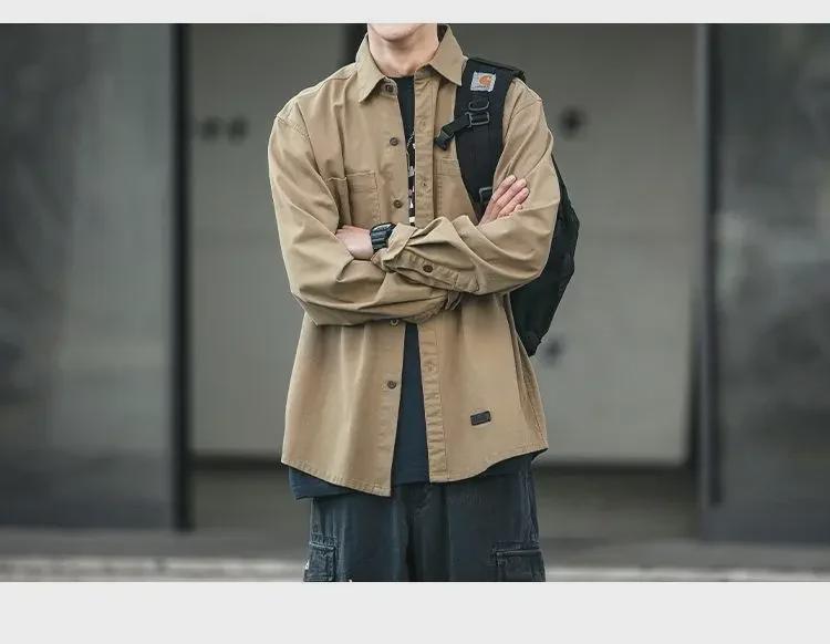 Men's Korean Style Retro Long Sleeve Work Shirt - Trendy, Loose, Versatile, Youth Casual Jacket with Pockets.