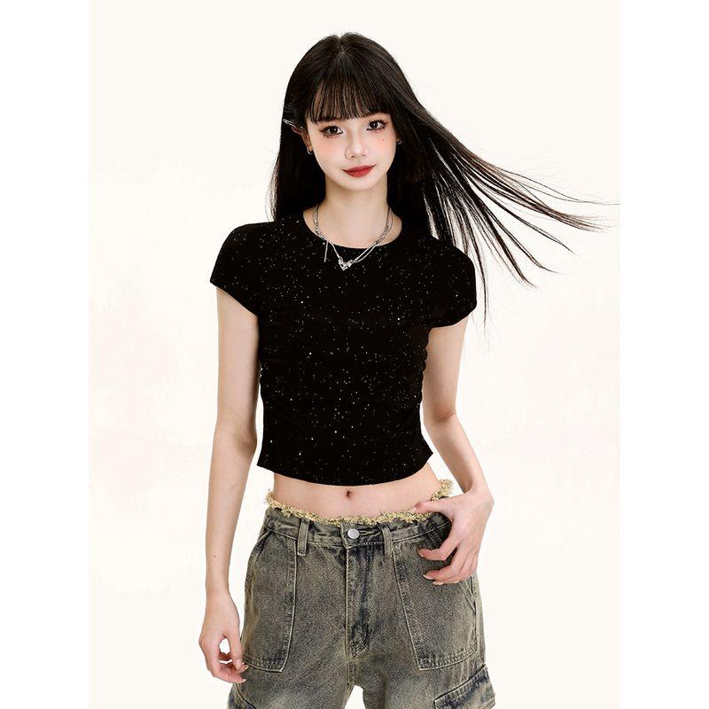 

American-Style Black Rhinestone Crop Top Short T-shirt Top Women s Summer Sexy Silm Bottoming Shirt Shoulder Short Sleeve T-Shirt Black S