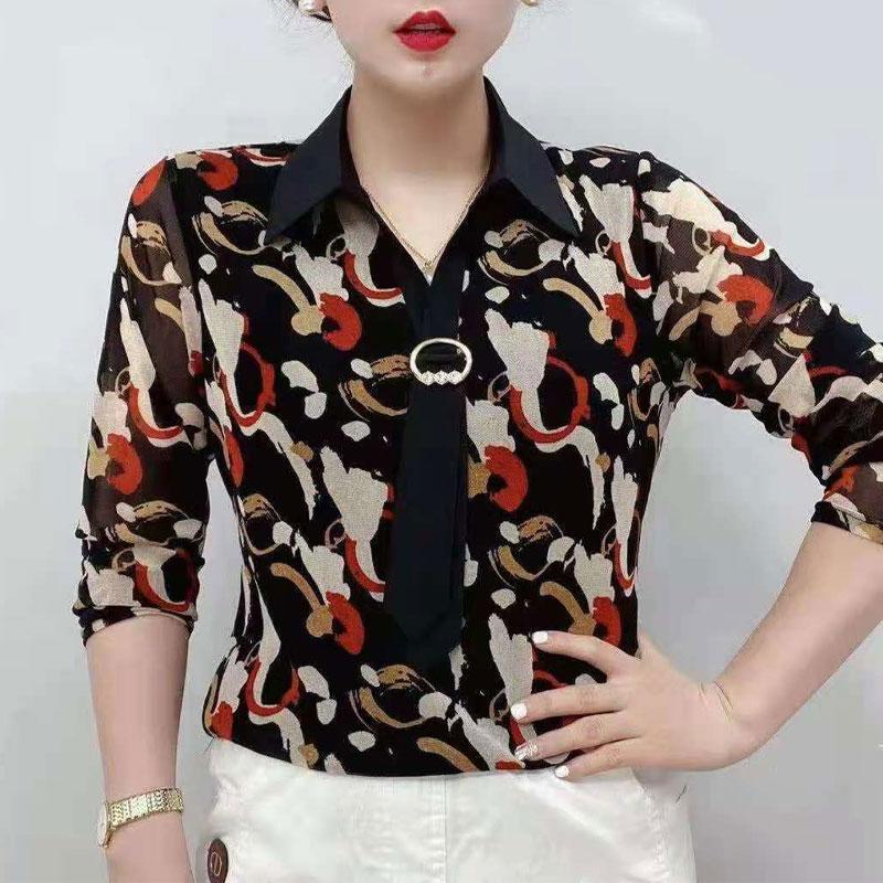 Women's Clothing Turn-down Collar Spliced T-shirt Casual Letter Printed Spring Autumn Drawstring Stylish Gauze Slim Pullovers