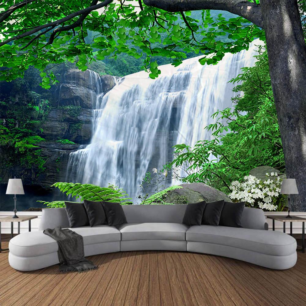 Forest waterfall tapestry, jungle wall hanging, aesthetic room decoration, Bohemian hippie living room, bedroom wall decoration