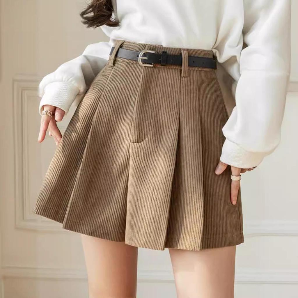Women's High Waist Corduroy A-line Pleated Culottes Winter Shorts 2024