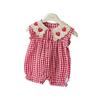 Soft Thin Summer Doll Collar Romper Strawberry Grid Frill Design Stylish Infant Girls Daily Crawling Wear 0-18M
