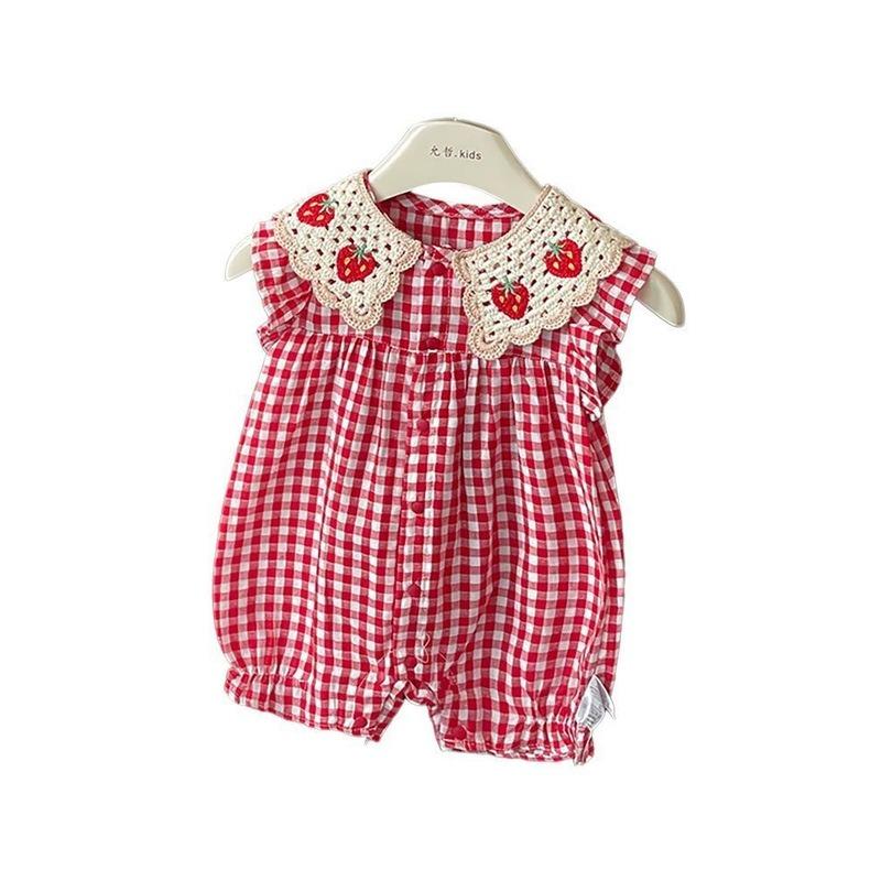 Soft Thin Summer Doll Collar Romper Strawberry Grid Frill Design Stylish Infant Girls Daily Crawling Wear 0-18M