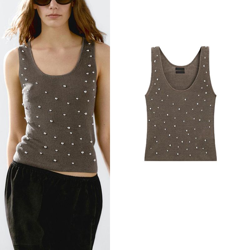 MD Spring and Summer Women's Clothing Beaded Stylish Linen Blend U-Collar Knitting Tank Top Sleeveless T-shirt 5737648