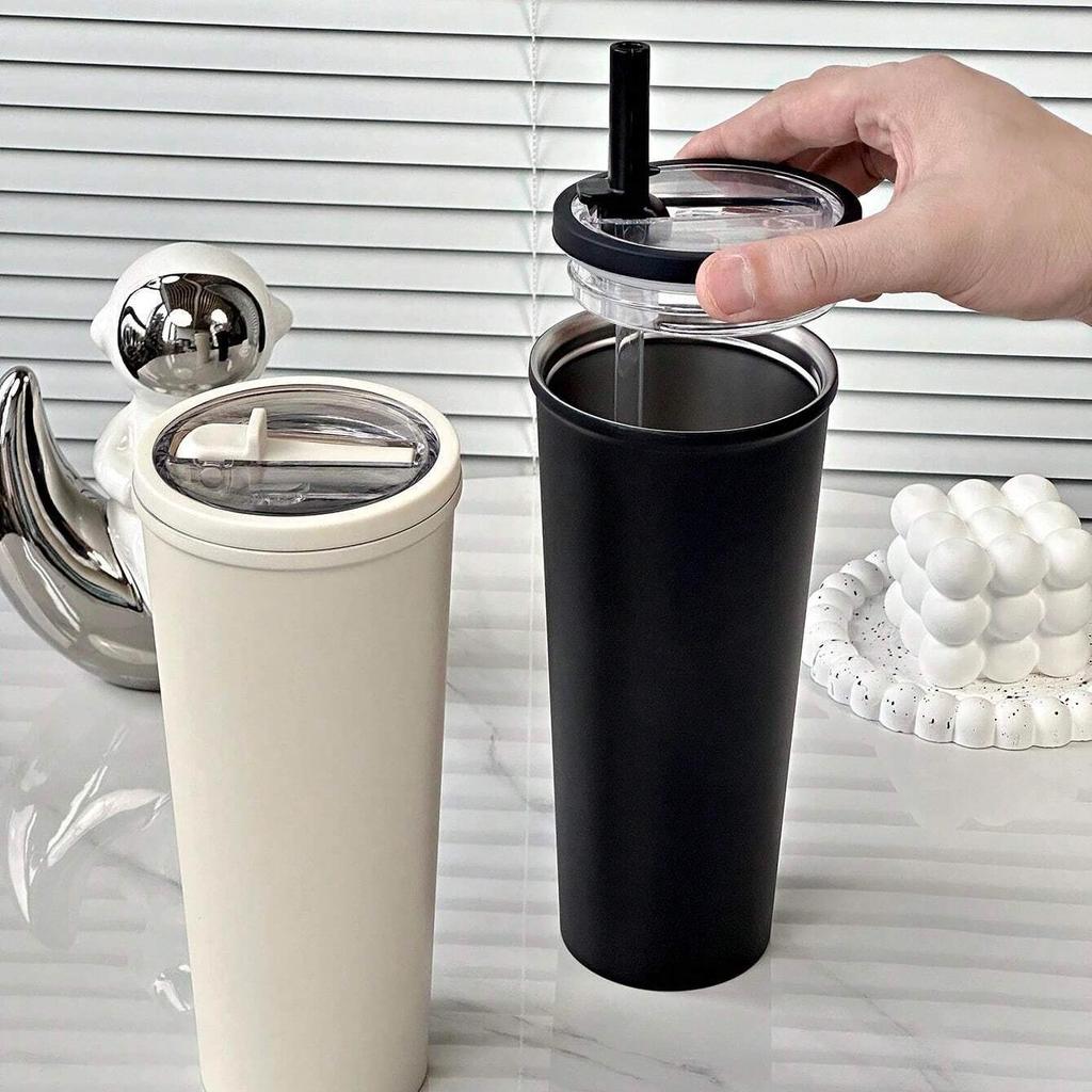Thick Insulated Stainless Steel Water Bottle, Leak-Proof Design, Foldable Straw Lid, Suitable for Cold & Hot Drinks, Simple Fashion