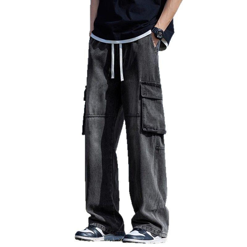 Vintage Washed Wide-leg Pants Men's Spring Teen American High Street Oversize Big Pocket Tooling Jeans