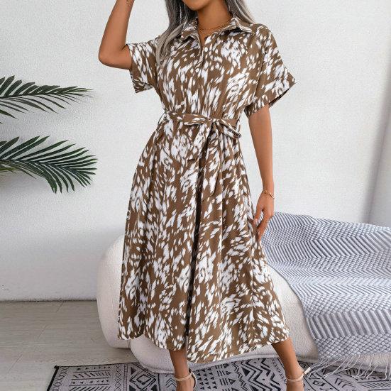 

Женское летнее платье миди с леопардовым принтом, завязанное, с высокой талией, с короткими рукавами и лацканами, со свободным подолом, однобортное, длиной до середины икры