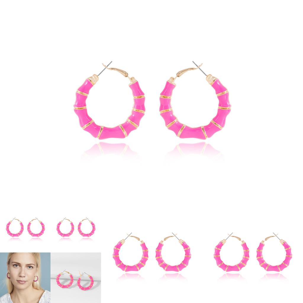 Fashionable Exaggerated Pink Bamboo Hoop Earrings For Women 2021 Summer