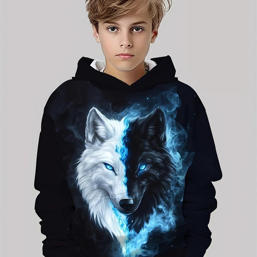 

Boy Wolf Pattern Hoodie - Blue Eye Luminous Wolf Face Design, Soft Polyester Fiber Round Neck Hoodie 13-14Y