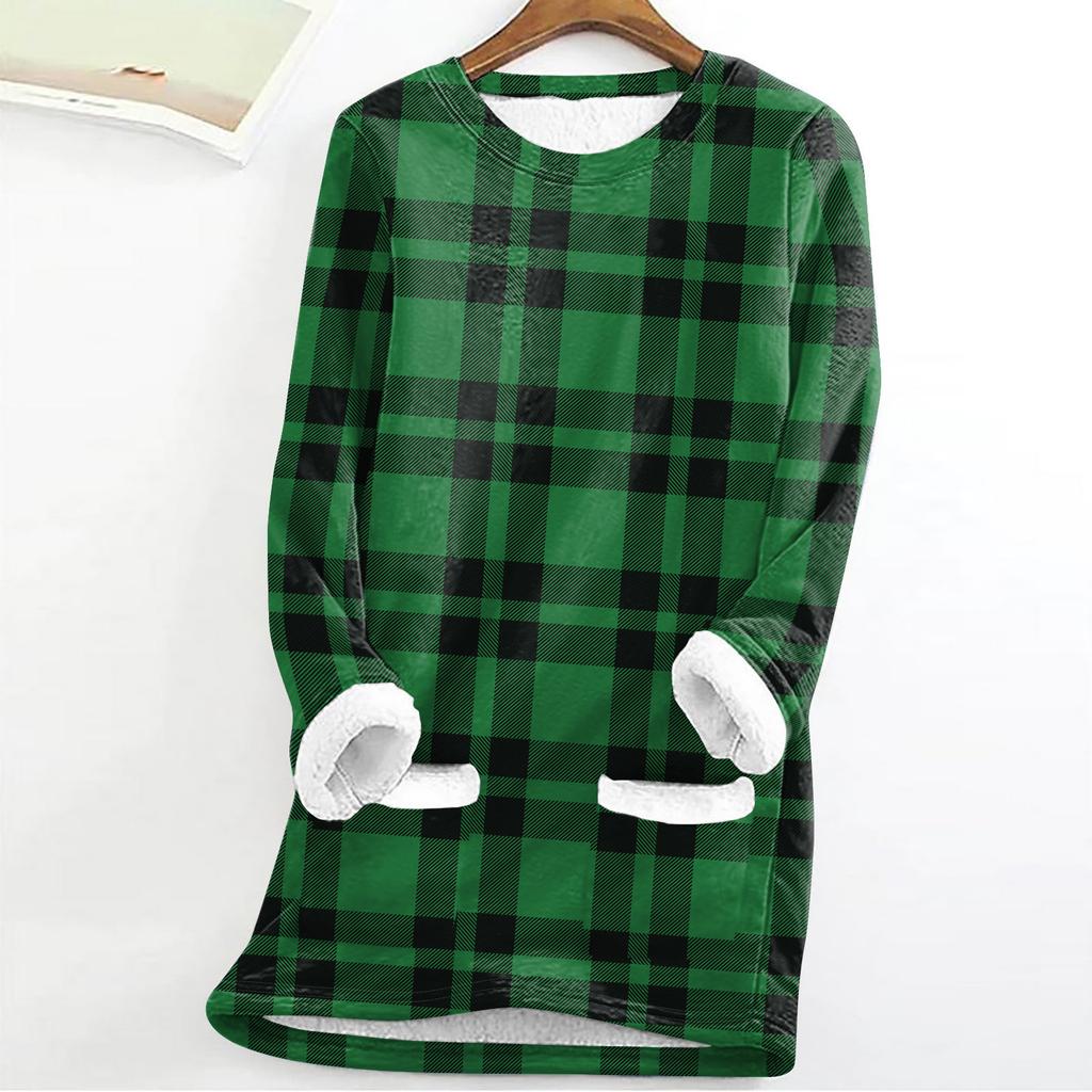 Women's Fashion Plaid Print Round Neck Long Sleeve Plush Winter Warm Pullover Top