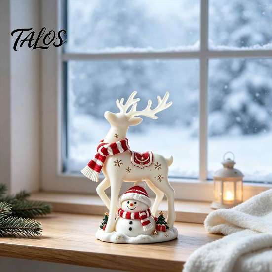 Resin Elk Snowman Ornaments Christmas Reindeer Figurine, White Deer Statue with Red Scarf, Unique Housewarming Gift Winter Holiday Tabletop Fireplace