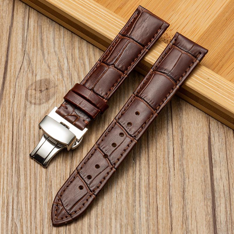 Bamboo Pattern Genuine Leather Watch Strap with Soft Cowhide and Butterfly Buckle for Men and Women