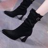 Temperament pointed belt buckle high heel medium boots women's 2025 winter new khaki pleated sleeve fine heel stacking boots