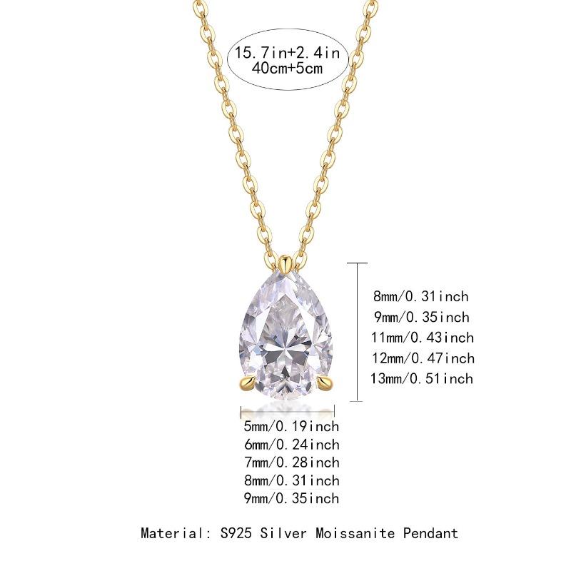 Electroplated K Yellow, Pear Shaped Sterling Silver Moissanite Pendant Necklace 925 silver