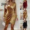 Halbformelles Kleid Damen Pailletten Samt Wickel Mini Langarm V-Ausschnitt Raffung Formell Damen Bodycon