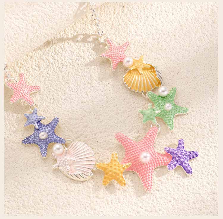 Ocean Necklace Colorful Starfish Seashell Multi Charm Silver Color Jewelry Mermaid Style Summer Beach Vacation Necklace Gift