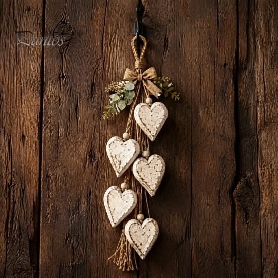 Decorative Living Room Art Farmhouse Hanging Heart Wall Decor with 5 Layer Wooden Hearts, Vintage Boho Wood Natural Accent Trinket Shelf for Bedroom,