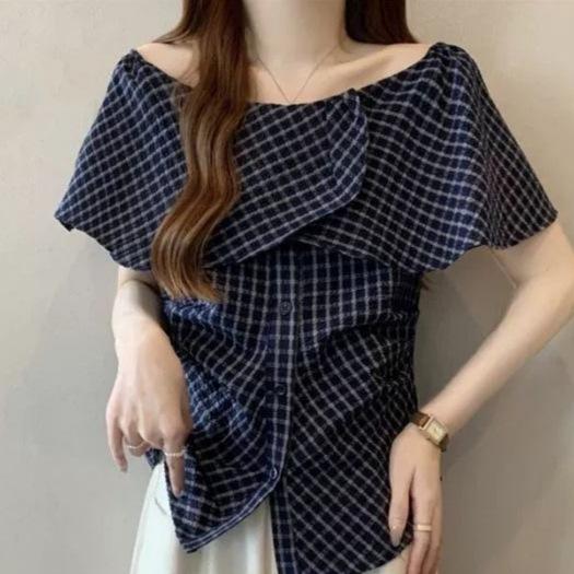 navy blue plaid ruffle edge shoulder short-sleeved shirt women's summer large size fat mm pinched waist off-shoulder top