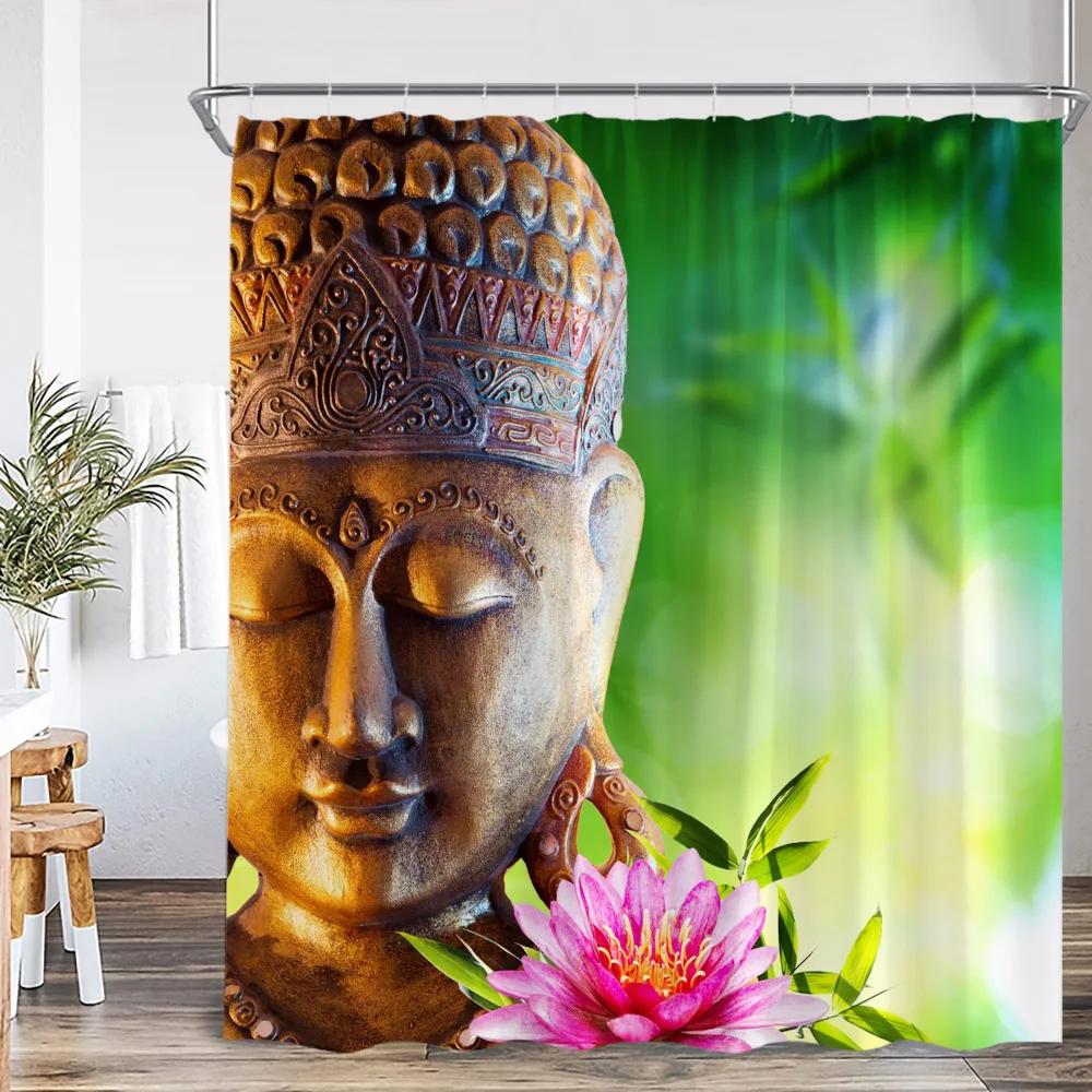 Zen Shower Curtains Black Stone Green Bamboo Lotus Spa Candle Purple Orchid Natural Leaf Bathroom Curtain Meditation Bath Decor