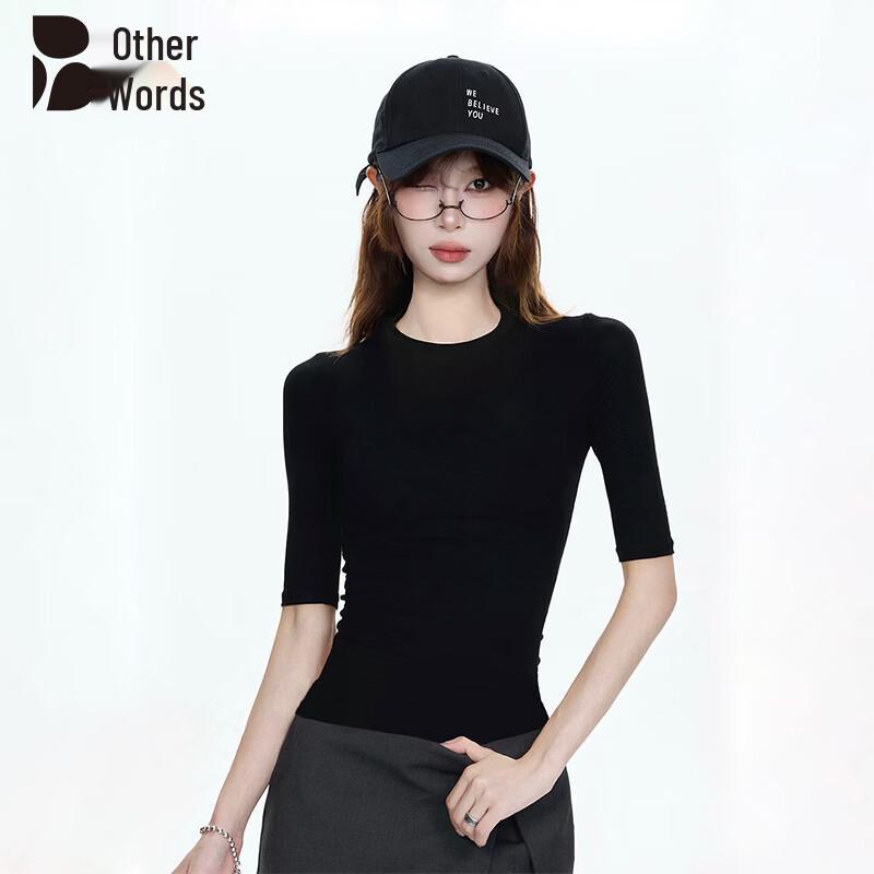 Women s Slim Fit Round Neck Mid-Sleeve T-Shirt M чёрный