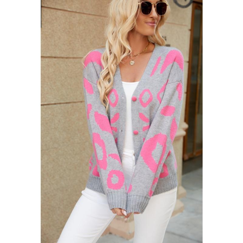 

Вязаный кардиган с леопардовым принтом для женщин M серый