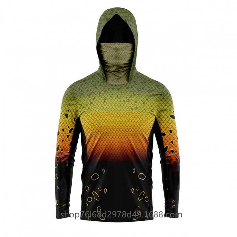 Mens Quick-Dry Ice Silk Long Sleeve Fishing Shirt With Hood Integrated Face Cover UV Protection Outdoor Sunproof Apparel