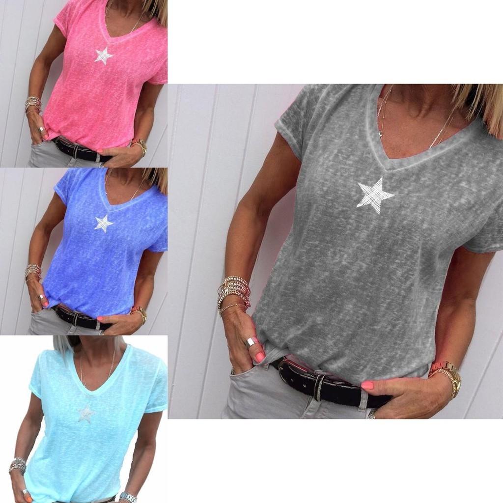 Stylish Women V-neck T-shirt Casual Loose Star Summer Shirts Solid Short Sleeve Perfect For Outdoor Activities