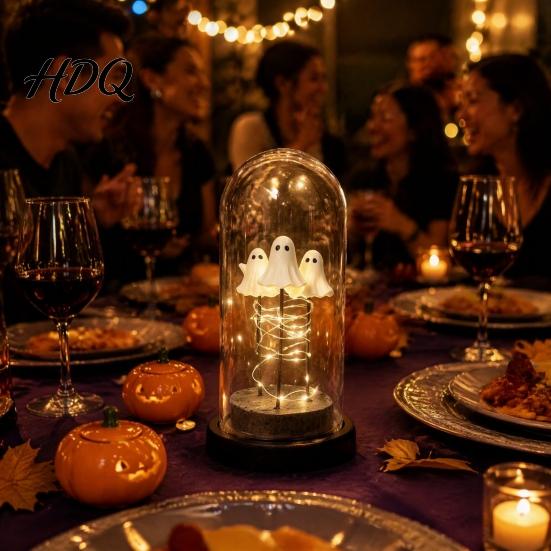 Indoor Halloween Display Ornament Decorations 3 Mini Light Up Ghost in Cloche Night with LED Lamp for Party Warm Lights Cute Spooky Decor
