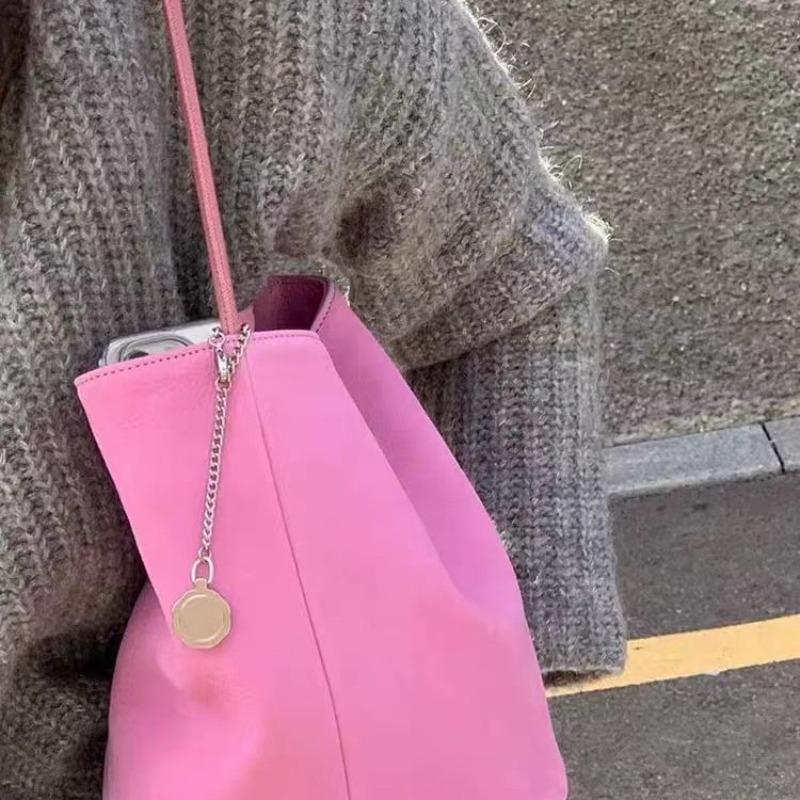 Pink PU Shoulder Bucket Bag Commuter Light Luxury Niche High-end Handbag Women's Summer
