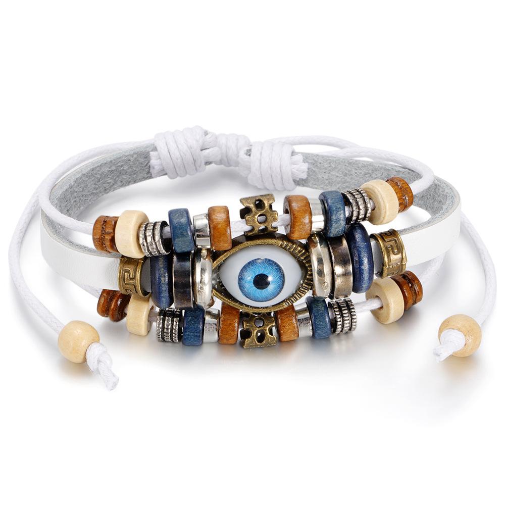 Bohemian Multilayer Braided Leather Bracelet with Eye Beads, Adjustable Couple Wristband