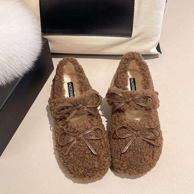 Sweet Fluffy Shoes Women's 2025 Autumn and Winter New Outer Wear Velvet Warm Bow Flat Bottom Word with Doudou Cotton Shoes