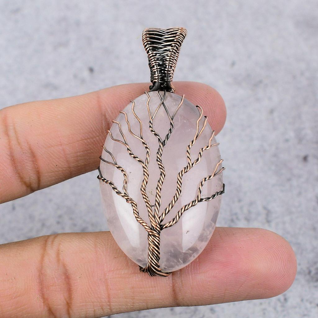 Rose Quartz Jewelry, 999 Copper Wire Wrapped Pendant Handmade Gemstone Jewelry, Gifts For Wife Brand New Pendant