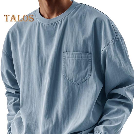 Top da Uomo Primavera Autunno con Taschino al Petto Girocollo Maniche Lunghe Polsini Elasticizzati T-shirt Tinta Unita Felpa Larga per Uso Quotidiano Sport