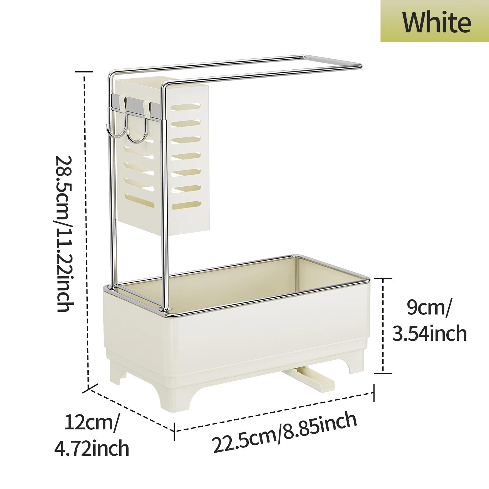 

Gold-Edge Kitchen Sponge Rack with Long Plate Tray Countertop Washing Supplies Organizer with Towel Bar for Sink Area білий