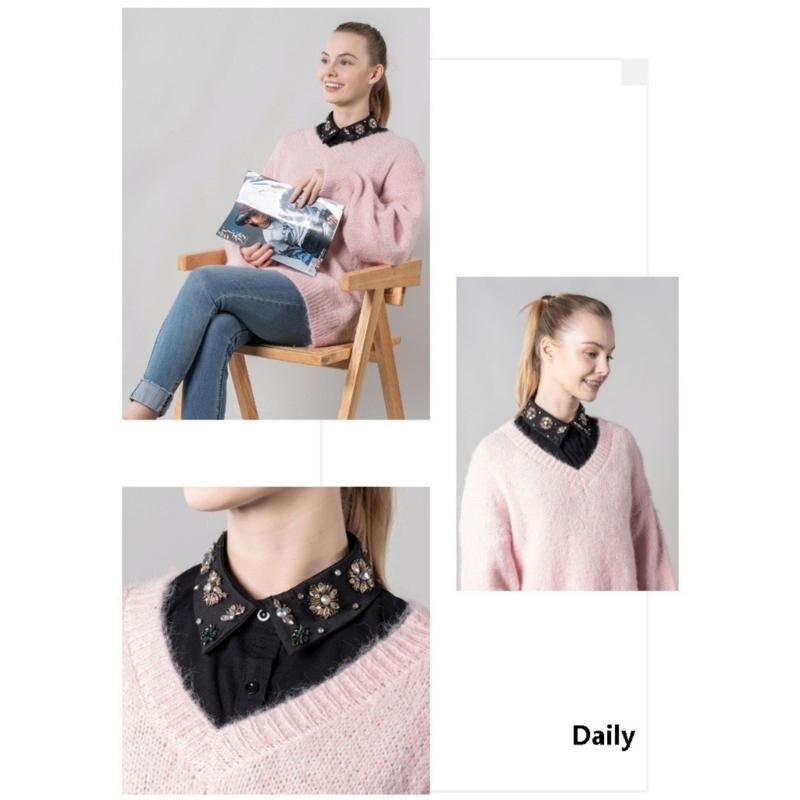 Soft Polyester Detachable Collar With Rhinestones Decors Half Shirt Blouse Top Suitable For Various Occasion Easy Care