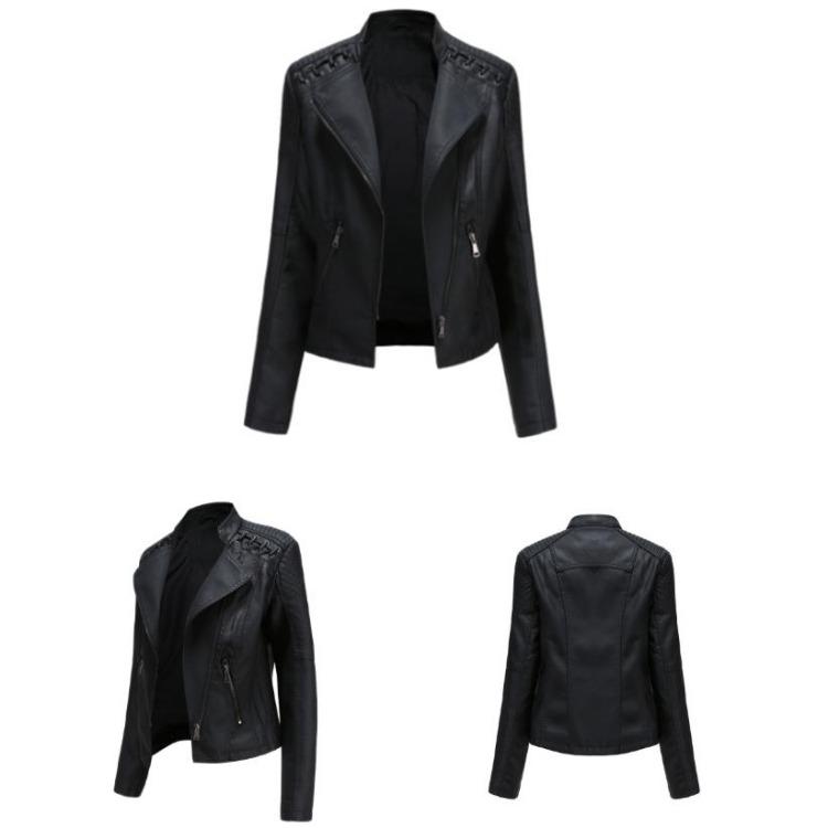 Stylish Women Faux Leather Moto Jacket Retro Lacing Detail PU Biker Coat Casual Zip Up Outerwear Slim Fit Short Classic Plus Size S-4XL