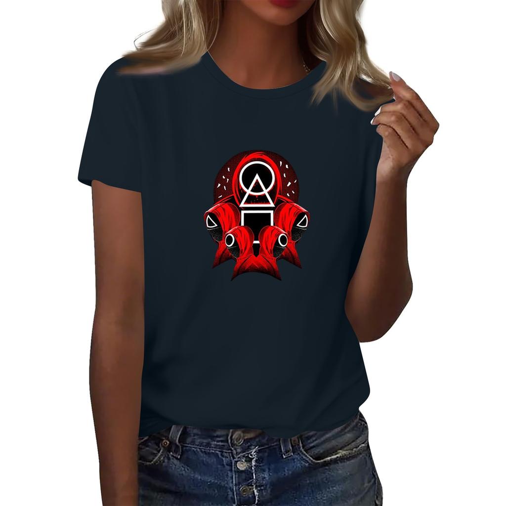 Damen Rundhals Bedrucktes Kurzarm T-Shirt Top