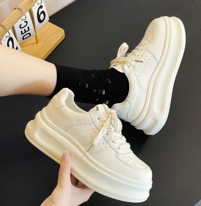 Fashion High Quality 6CM Newest Light Thick-Soled White Shoes Woman Spring Lace-Up Casual Sneakers Genuine Leather Vulcanized Shoes