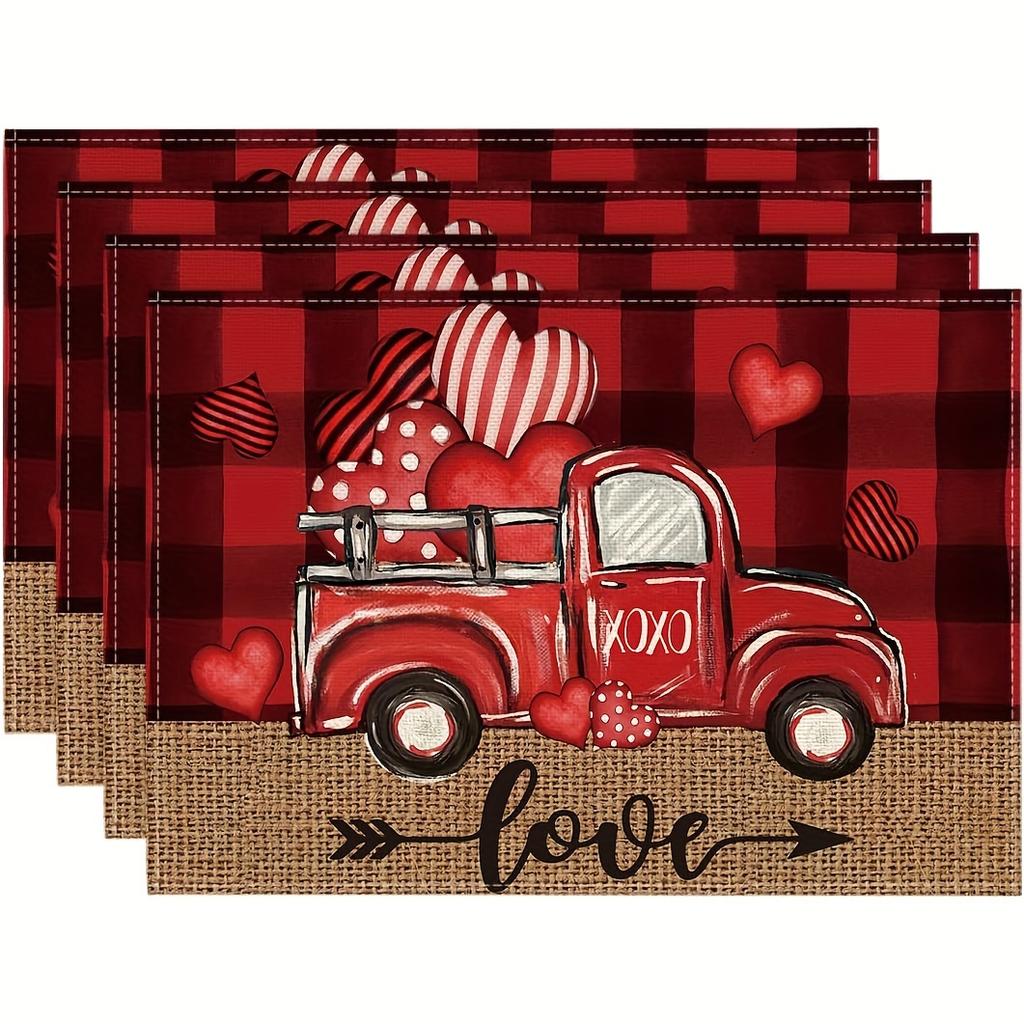 Black Red Buffalo Plaid Checkered Hearts Truck Heat Resistant Washable Table Placemats Kitchen Dining Decor 4 Piece Set