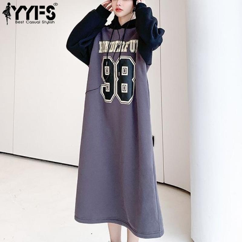 

YYFS Women s Fashion Fall Winter Long Sleeve Hooded Loose Waistline Casual Dresses XL темно-сірий