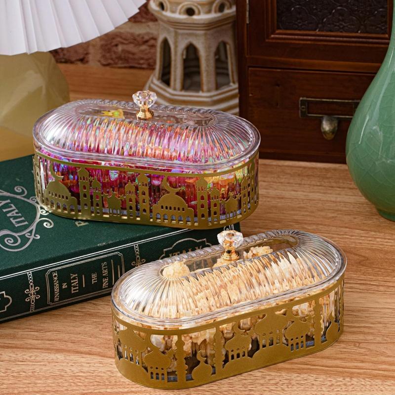 1Pc Eid Mubarak Serving Platter with Lid Ramadan Dessert Tray Food Storage Box Jar