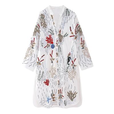 Damenmode V-Ausschnitt Einreiher Lange bestickte Bluse Weibliche Casual Seite Schlitzte Lose Hemd
