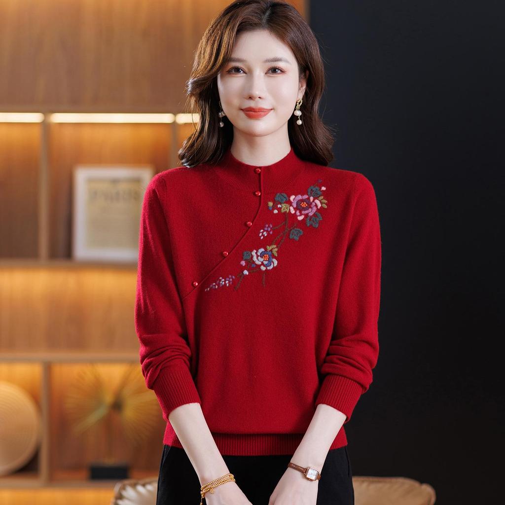Elegant 100% Wool Embroidered Sweater - Women's Autumn/Winter Half-High Neck Top