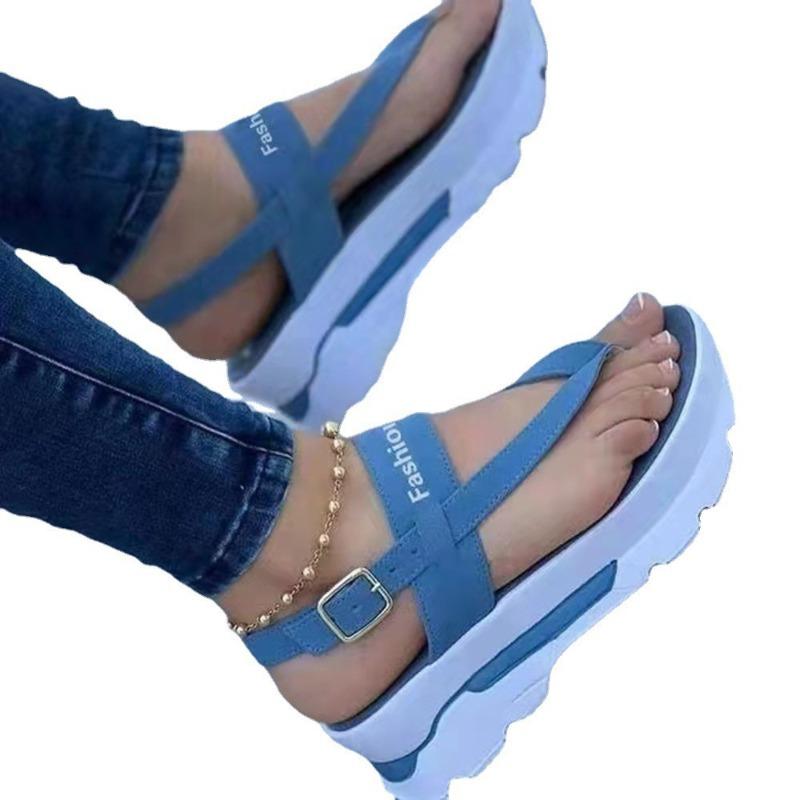 New product summer small fresh women's toe thick sole height increase solid color buckle Velcro sandals