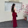 Elegant red neck sling dress for women's summer new Spice Girl sexy backless temperament waist dress