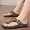 Leather Upper Cork TPR Soft Sole Men's Flip Flops Adjustable Buckle Slip On Flat Slippers with Arch Support Outdoor Beach Slides