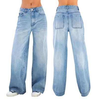 Damen Jeans Hohe Taille Taschen Reißverschluss Knopfverschluss Farbverlauf Retro Weites Bein Locker Farbecht Volle Länge Lange Jeanshose