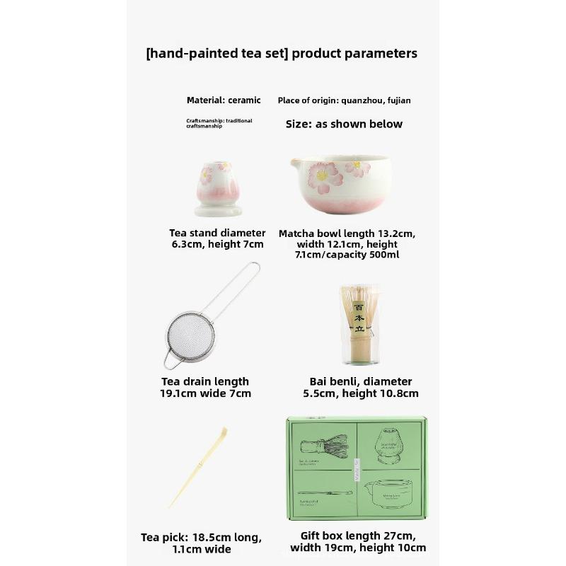 Japanese Hand-Painted Matcha Bowl Set 5-Piece Tea Making Tools With Chasen Stand Hyakuhon Dachi Tea Ceremony Utensils